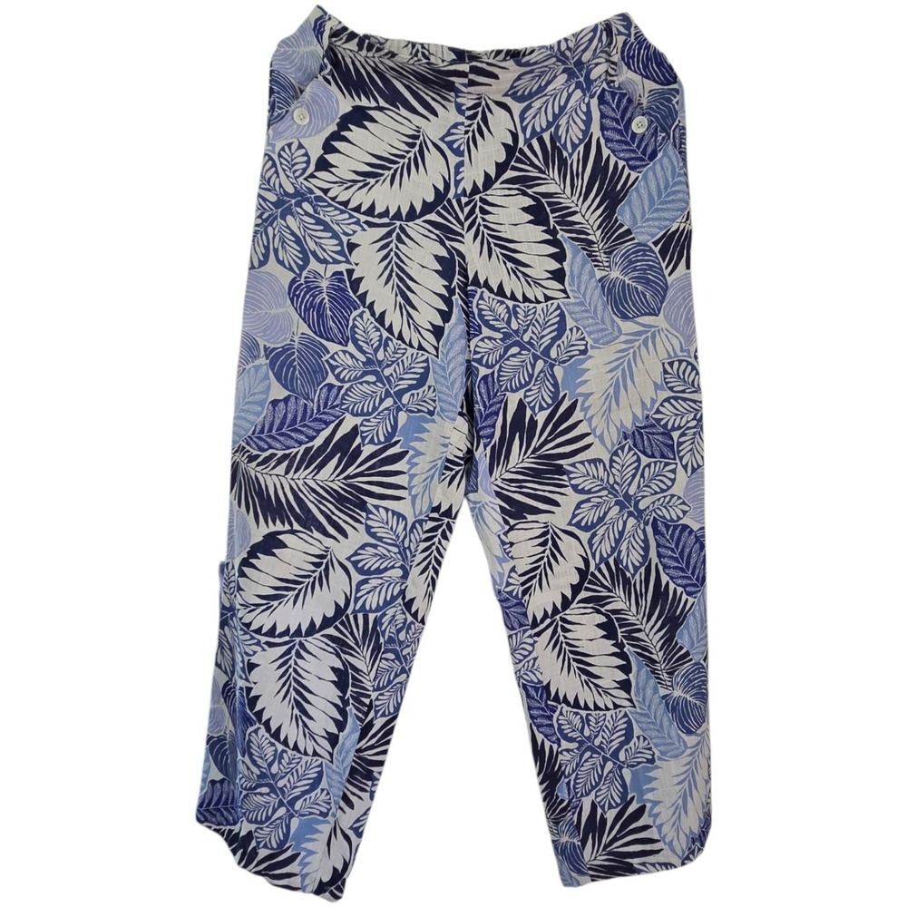Rafaella Blue Tropical Print Pull On Palazzo Pants Linen Blend Wide‎ Leg Size M